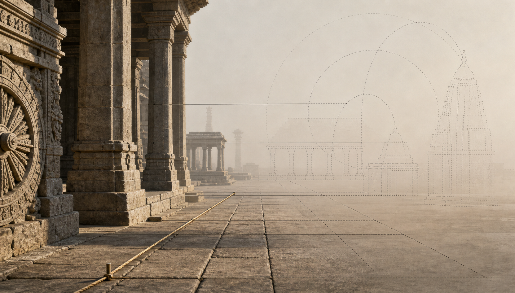 Measured temple details appear in sharp focus while solid construction lines transition into incomplete dotted geometric forms that fade into the background.
