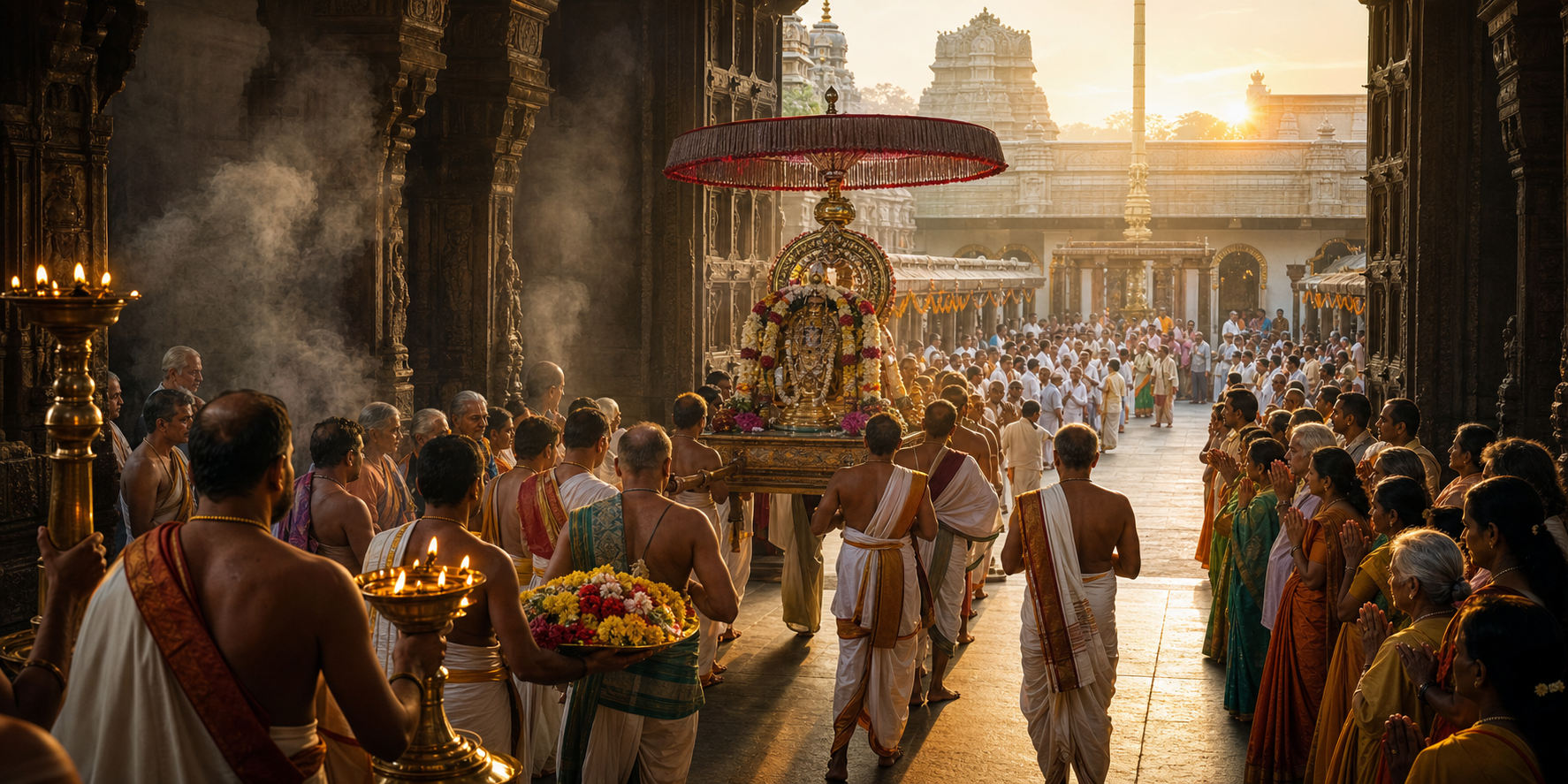 Priests and a decorated processional vahana move from a shadowed temple gateway into a courtyard lined with waiting pilgrims.