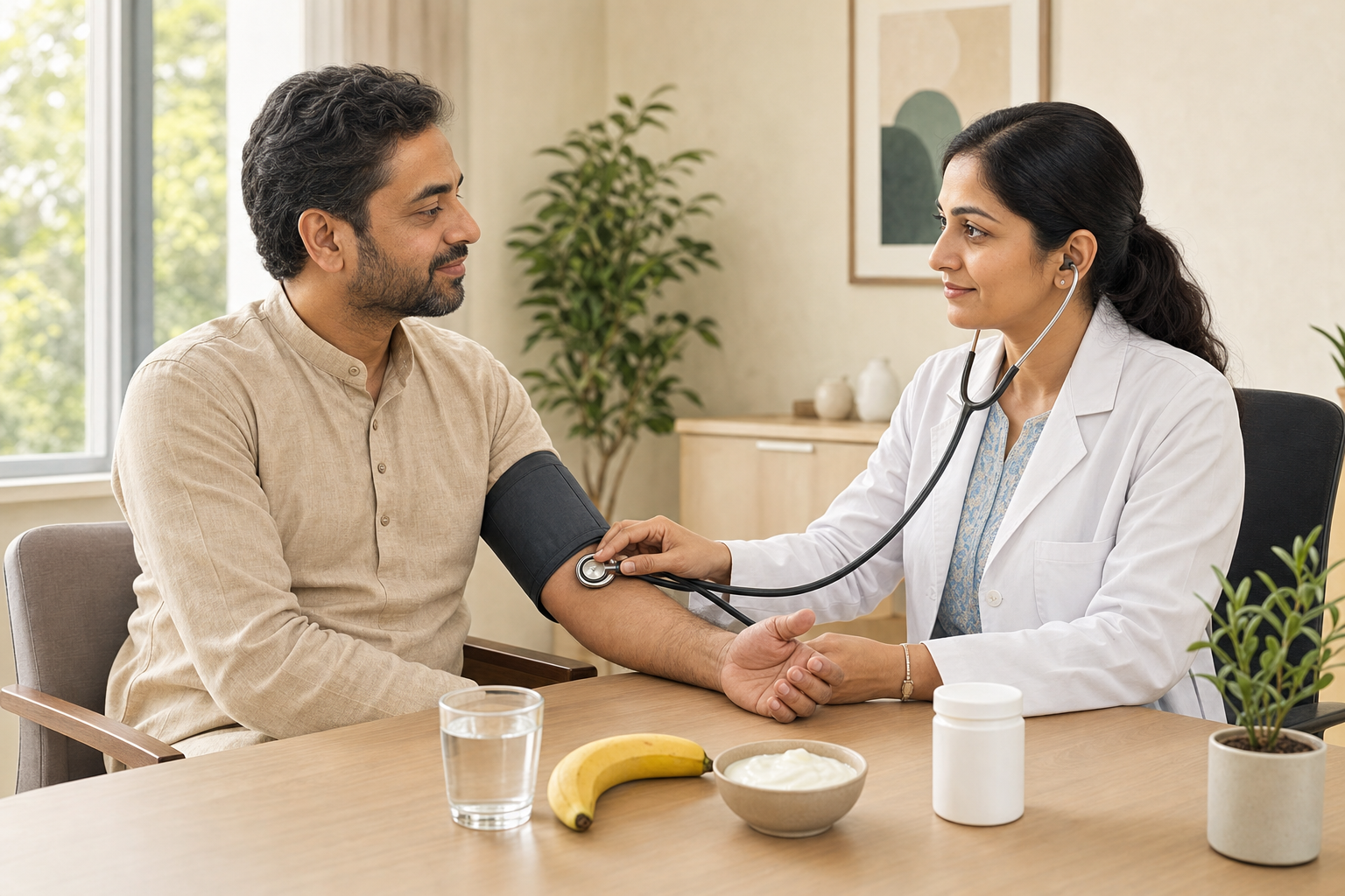 A clinician checks an adult devotee's blood pressure during a fasting consultation, with water, a banana, plain yogurt, and an unmarked medicine container on the desk.
