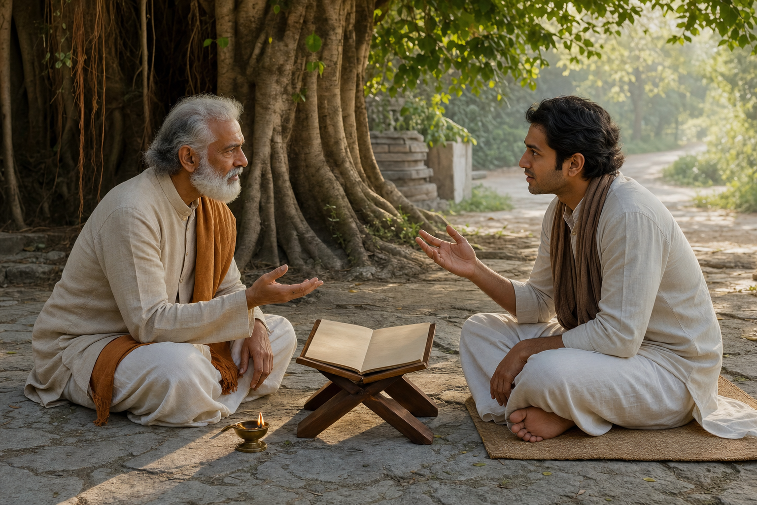 An Indian teacher and adult student sit facing each other beneath a banyan tree, discussing an open manuscript in a sunlit courtyard.