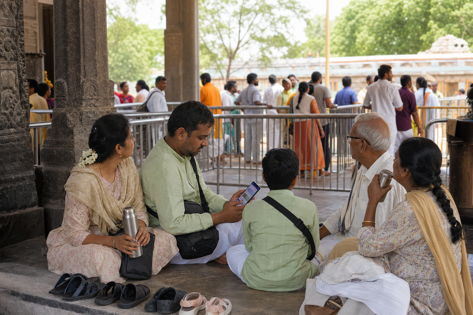 A family rests in a shaded temple mandapa with water bottles and small bags while an orderly pilgrim queue forms in the background.
