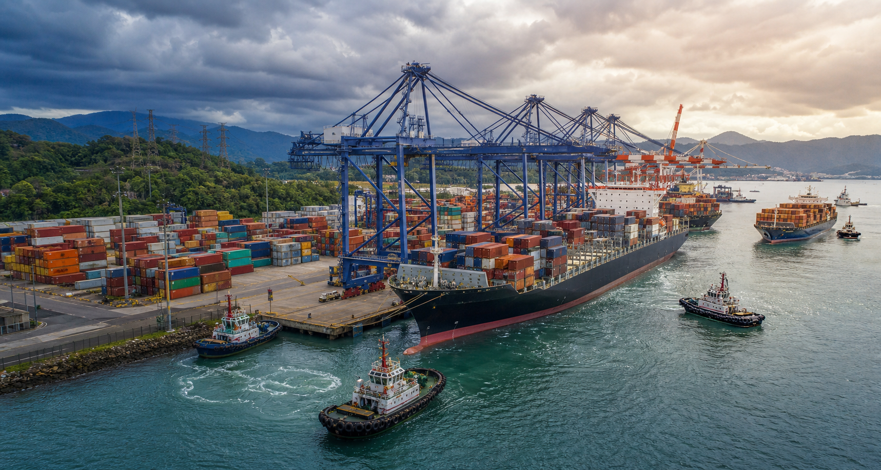 A large container ship and smaller feeder vessels are handled at a working tropical transshipment terminal under monsoon clouds.