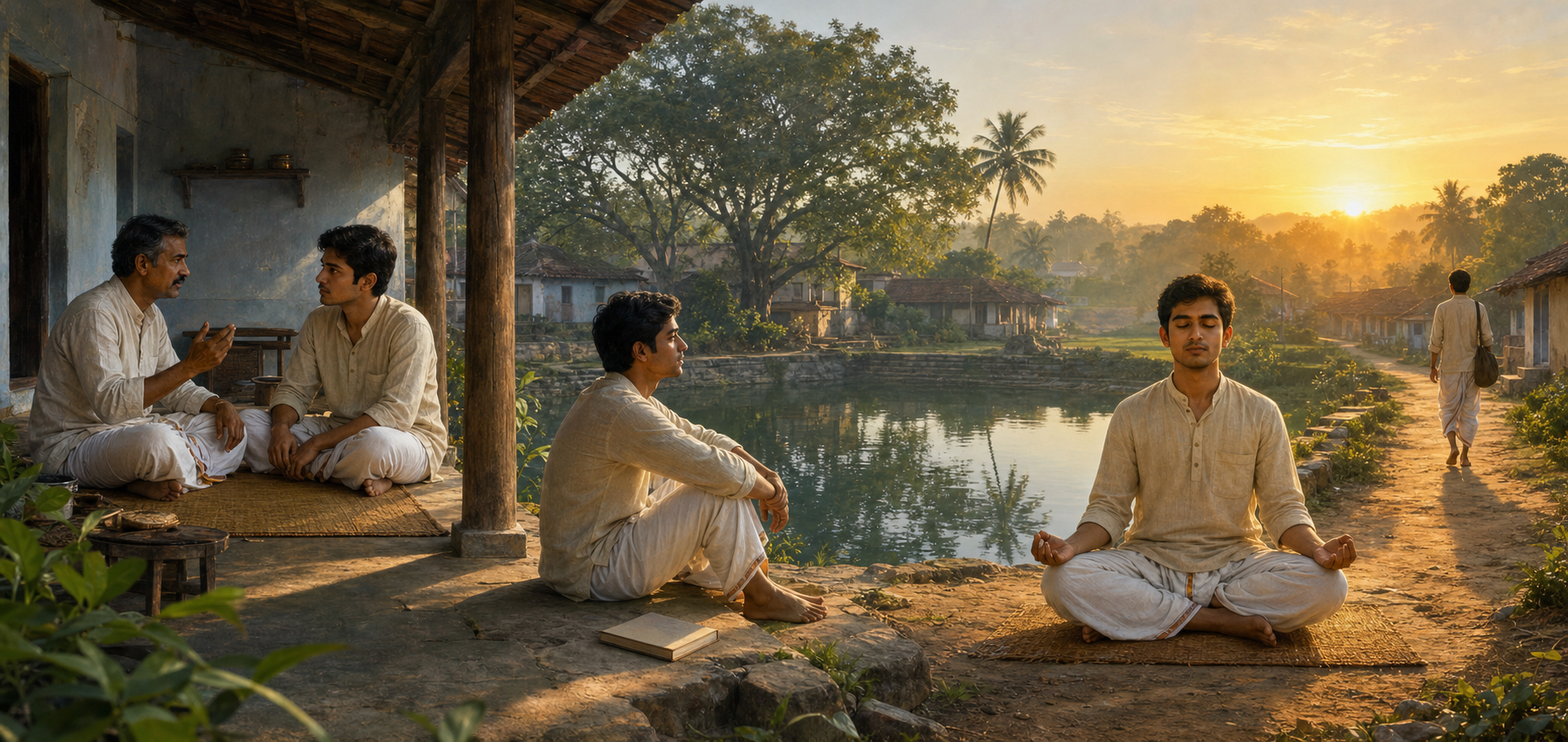 A continuous scene shows a student listening to a teacher, reflecting alone beside a pond, and meditating at sunrise.