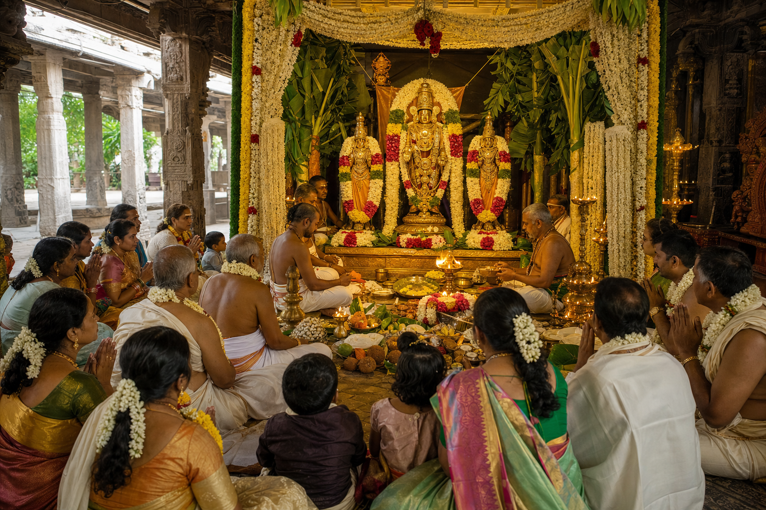 Priests perform a flower-filled Kalyanotsavam before garlanded processional deities as families watch from a temple mandapa.