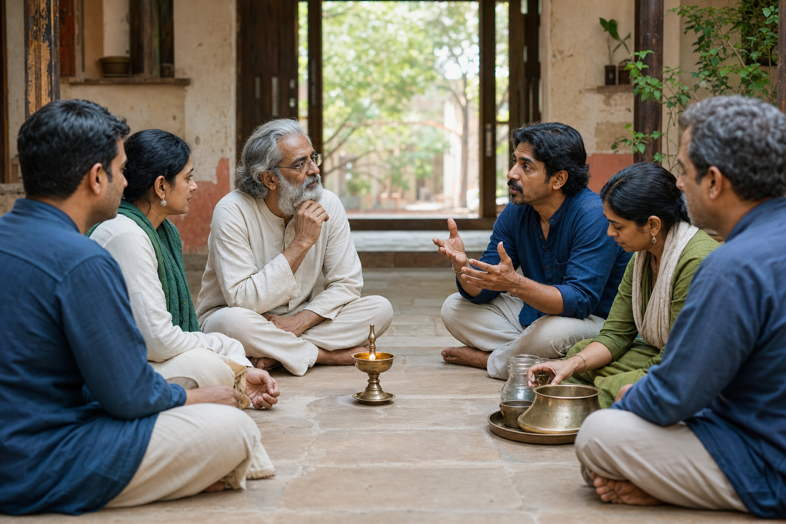A teacher considers a student's raised question while an adult study circle meets around a shared lamp and water vessel.