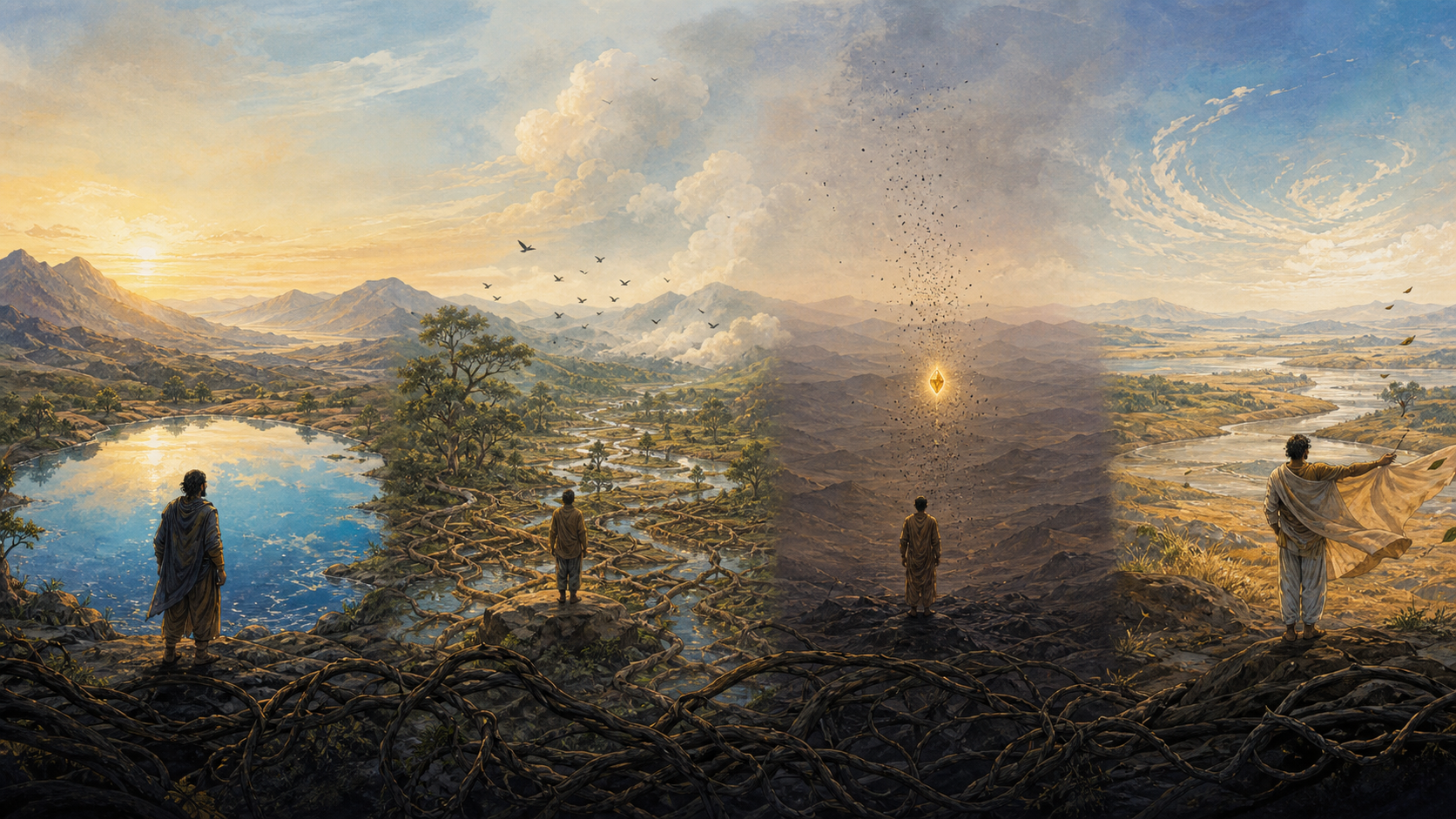 Four travelers follow separate paths through adjoining landscapes toward a reflective spring, an open web of nature, a radiant jewel-like light, and flowing fields beneath a brightening sky.