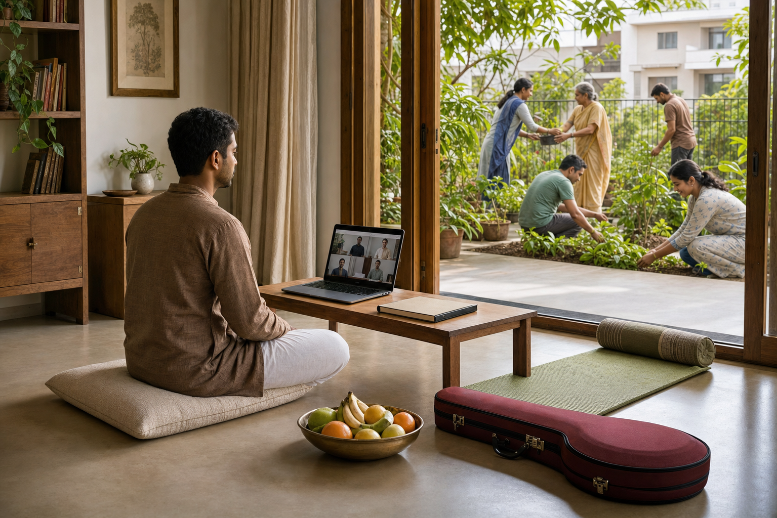 An adult learner attends an online lesson at a low desk beside a meditation mat, with a community garden visible outside.