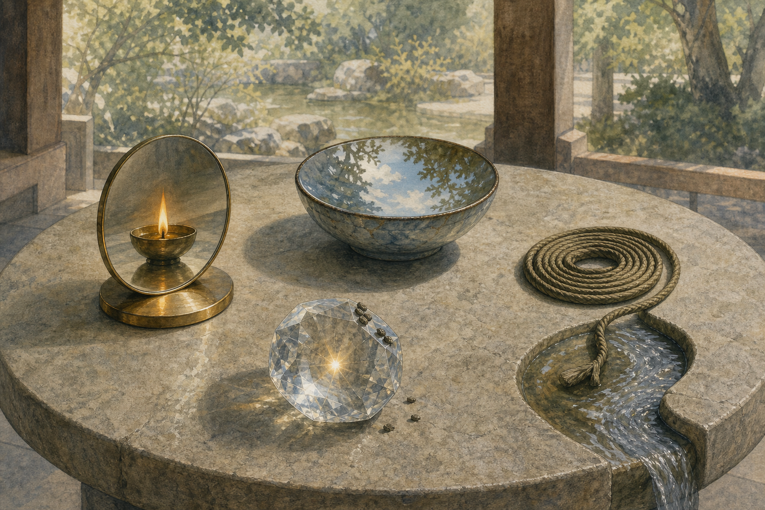 A flame and mirror, an empty reflective bowl, a glowing crystal with dark grains, and a loosening cord beside flowing water sit separately on a round stone table.