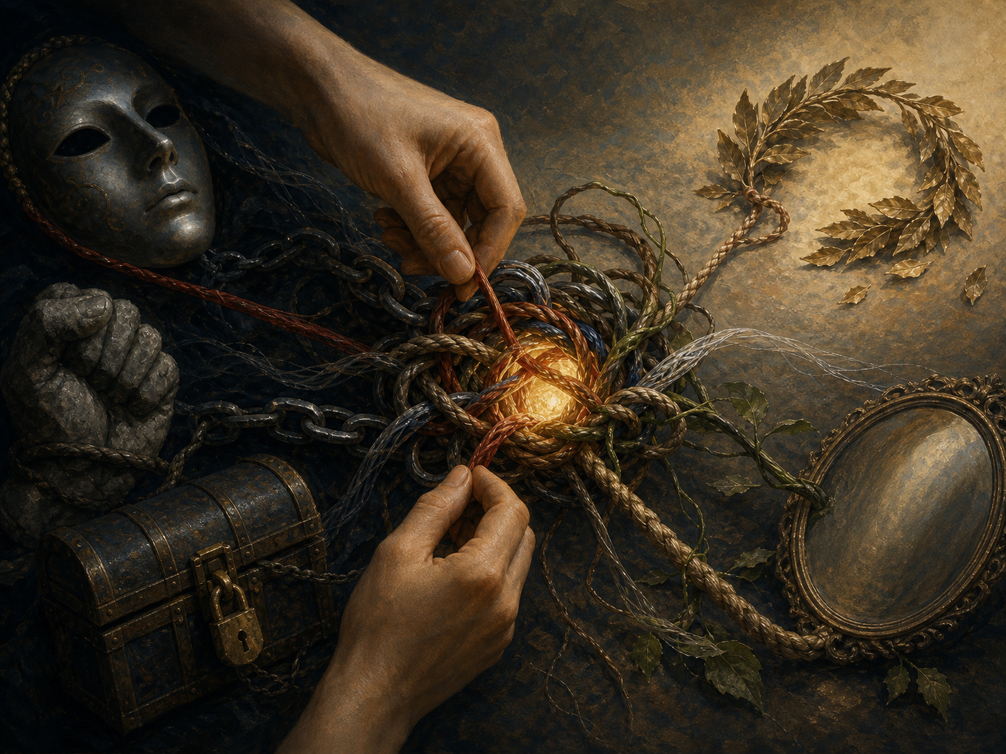 Two hands loosen a dense knot of rope, vine, chain, silk, and translucent thread as warm light appears in the opening between the strands.