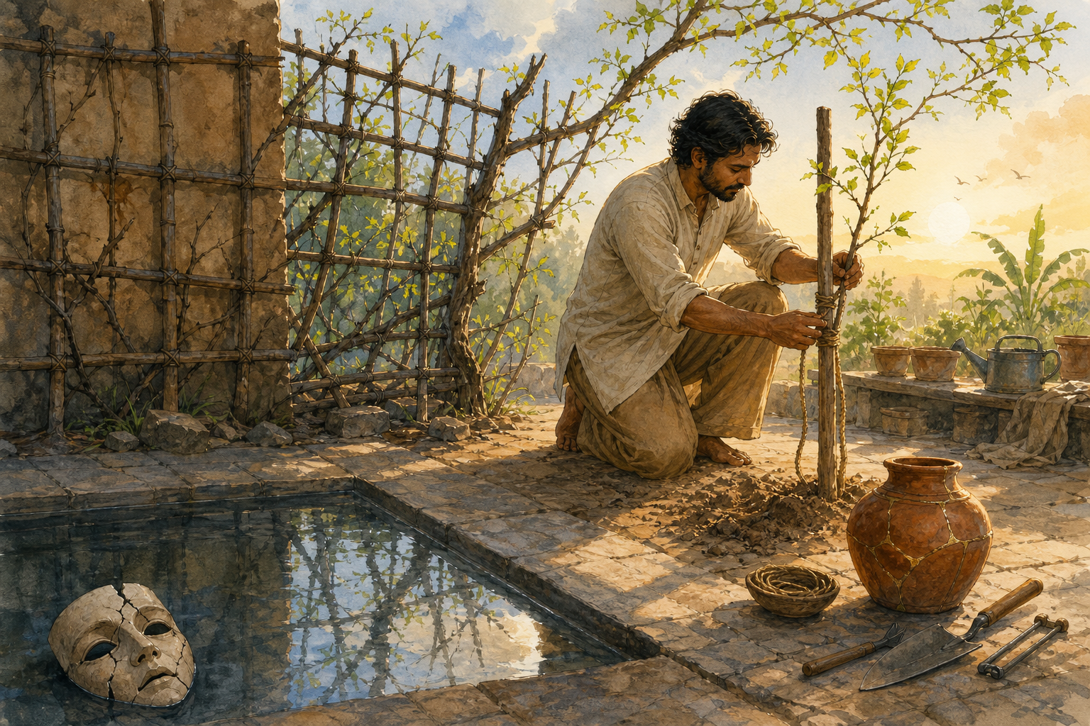 A person leaves a reflective pool to support a young tree beside a repaired clay vessel, simple tools, and a discarded cracked mask in a sunlit courtyard.