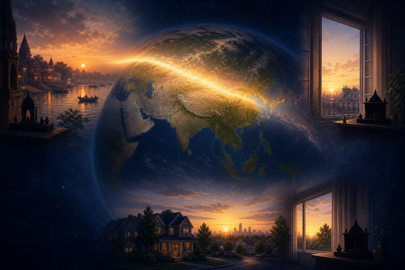 An illustrated globe crossed by the line of dawn, surrounded by sunrise scenes at homes in India, North America, and Europe.