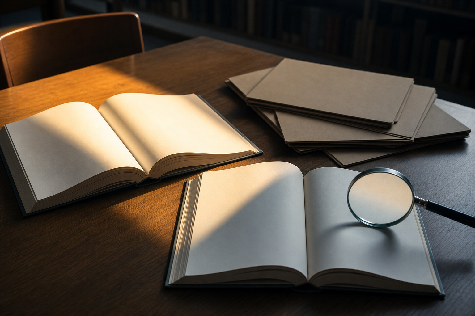 Two open blank books on a school table, one in light and one in shadow, with a magnifying glass above a page.