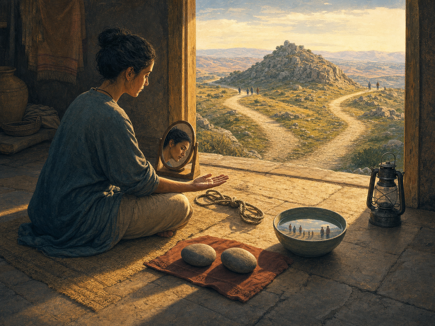 A seated person pauses at a doorway near a mirror, knotted cord, balanced stones, clear water, and an unlit lantern while two paths diverge outside.