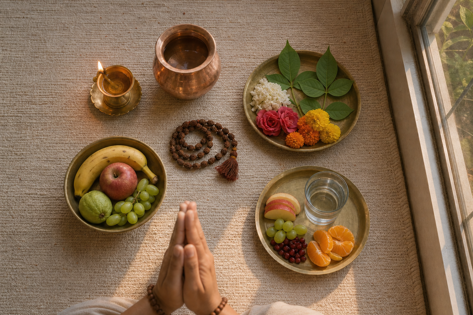 A simple sunrise puja setup with a lit oil lamp, water vessel, flowers, bilva leaves, fruit, prayer beads, and a light meal.