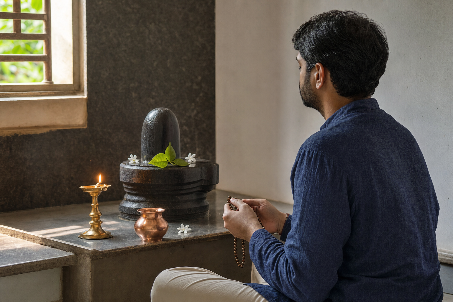 A devotee with prayer beads sits before a simple Shiva shrine with a lingam, oil lamp, water vessel, bilva leaves, and white flowers.