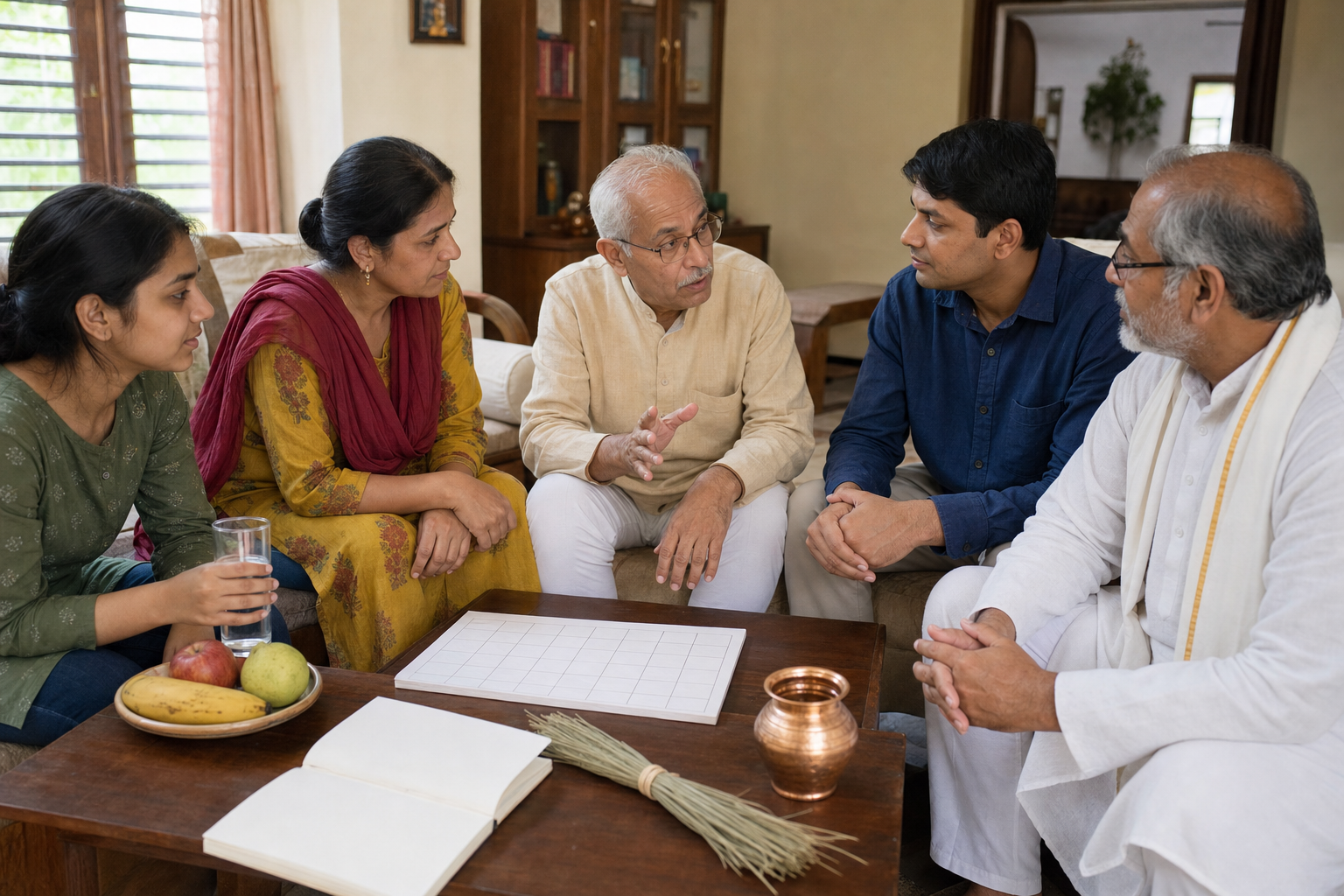 A multigenerational family discusses observance plans with a community elder around a table holding a blank calendar, water, fruit, a copper vessel, and kusha grass.