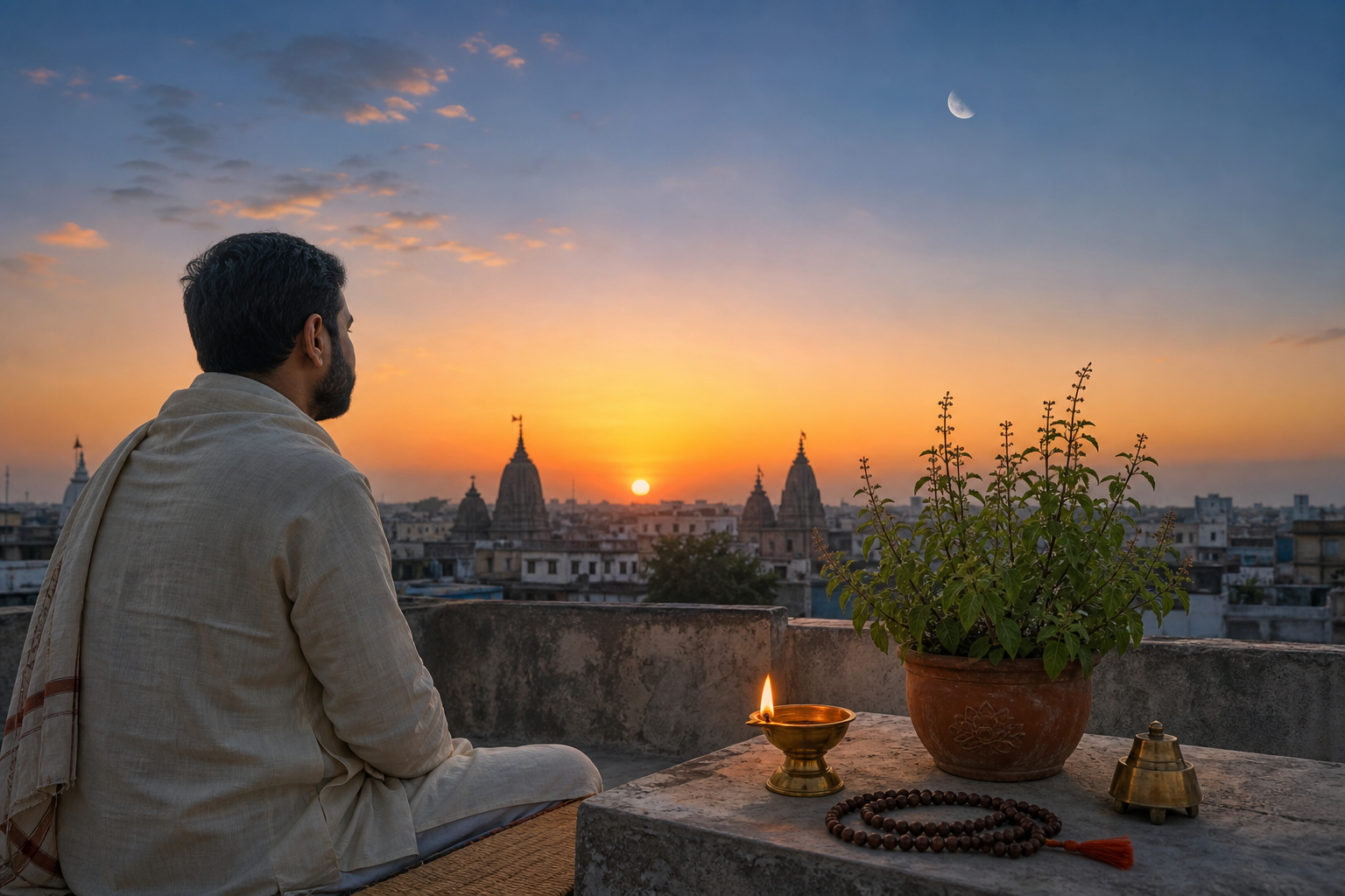 A devotee watches the sun rise from an Indian rooftop beside a tulsi plant, prayer beads and a small brass lamp.
