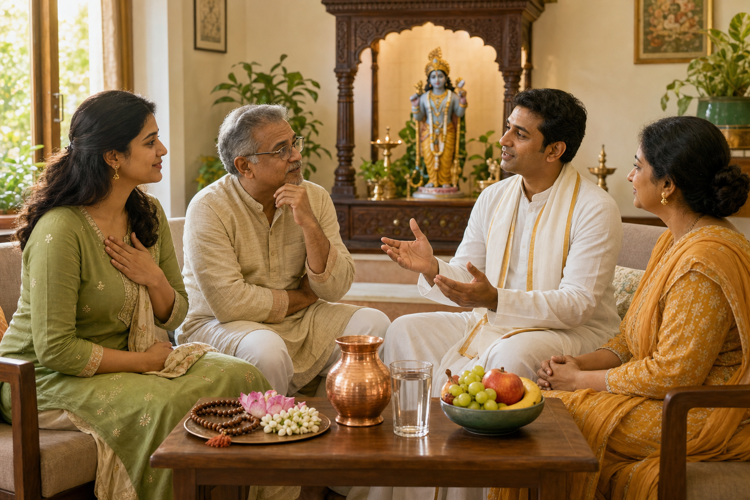 Three adult devotees discuss fasting choices with a spiritual guide beside water, fruit, prayer beads and a small Vishnu shrine.