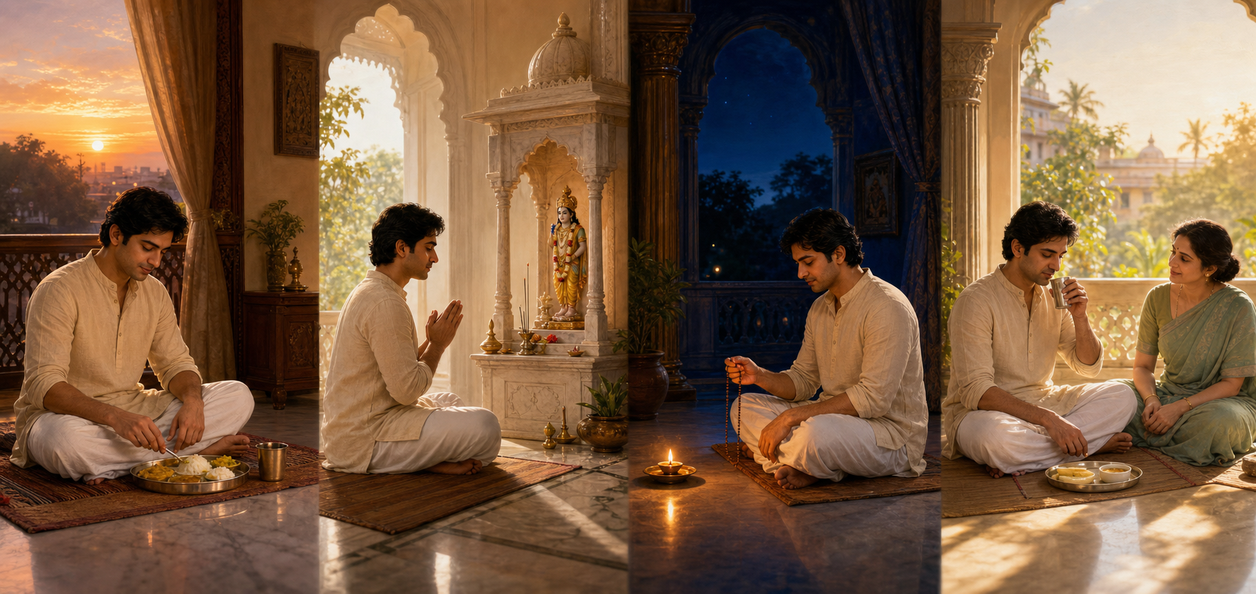 Four connected scenes show a devotee eating a simple Dashami meal, praying at dawn, chanting at night and gently breaking the fast with water on Dwadashi morning.