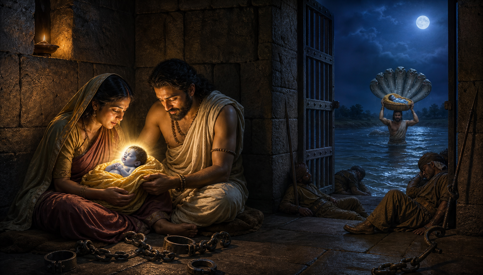 Devaki and Vasudeva behold the radiant newborn Krishna in a prison chamber, with Vasudeva's journey across the Yamuna shown in the distance.
