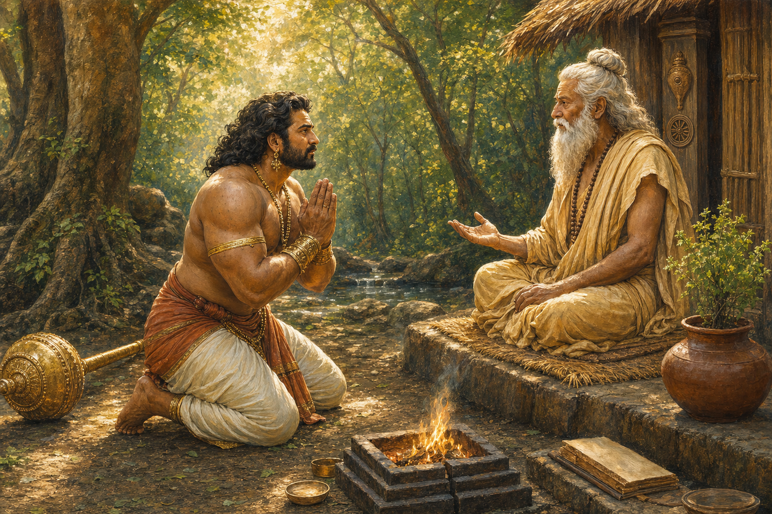 Bhima kneels with folded hands before the sage Vyasa in a forest hermitage, with his mace resting on the ground behind him.
