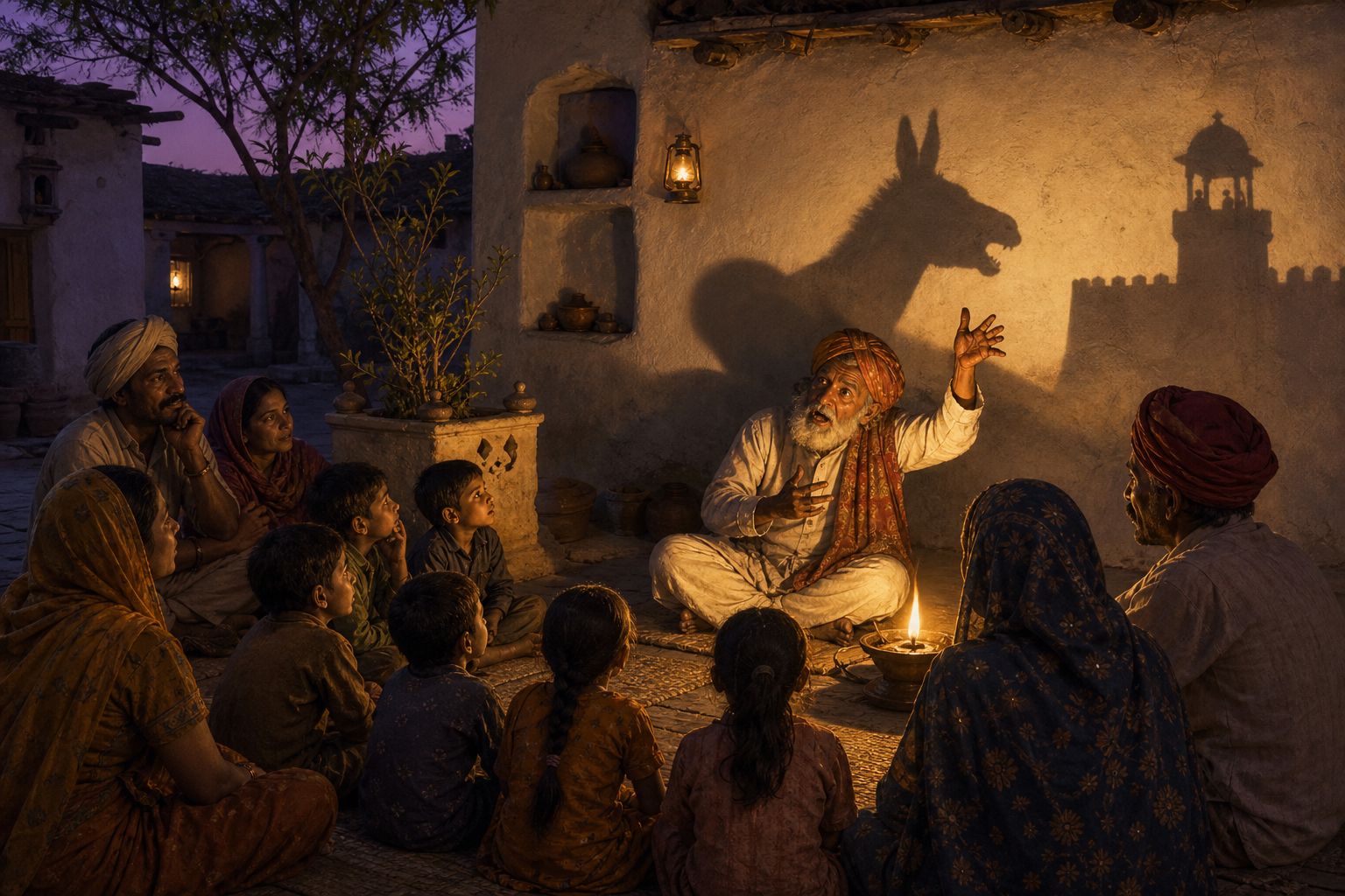 A village storyteller addresses families by lamplight as a dramatic donkey-shaped shadow appears on the courtyard wall.