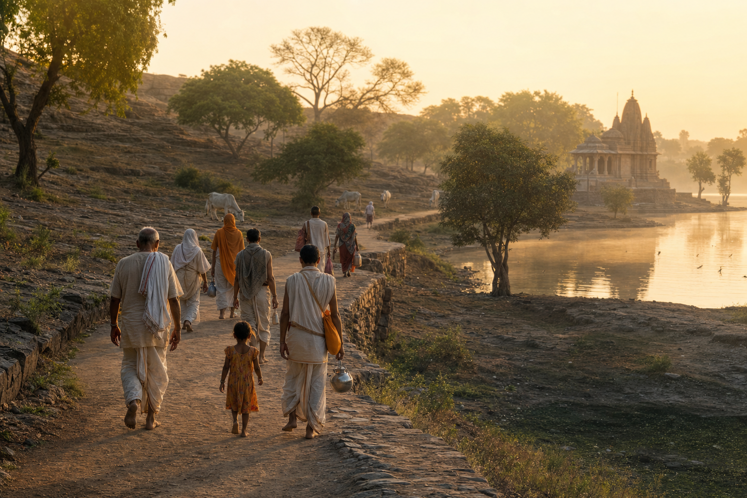 Pilgrims walk at sunrise along a curving path beside a low hill, a pond, trees, cows and a small shrine in Braj.