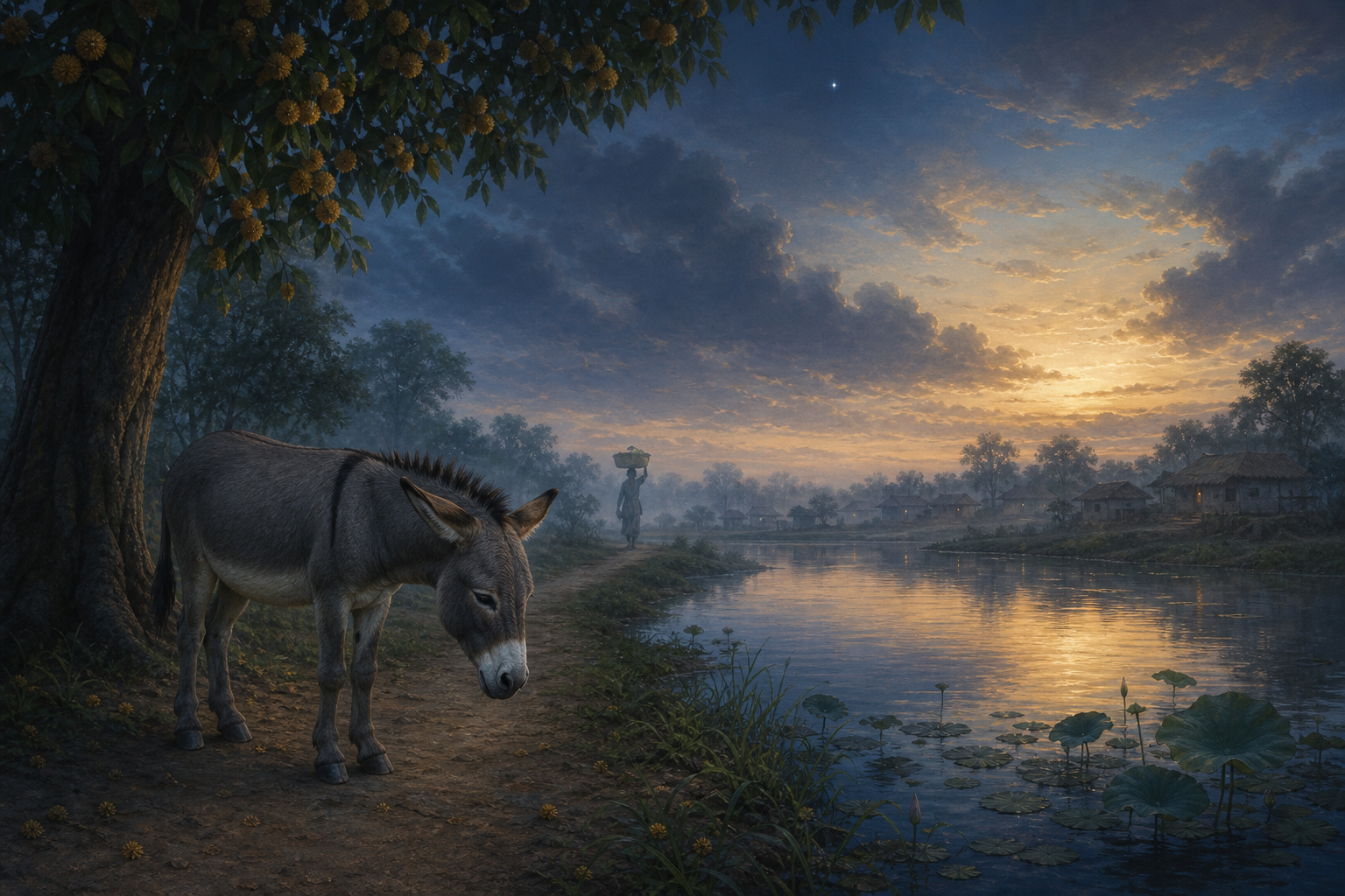 A gray donkey stands silently beneath a tree at dawn while a distant figure carrying a basket walks toward a village.