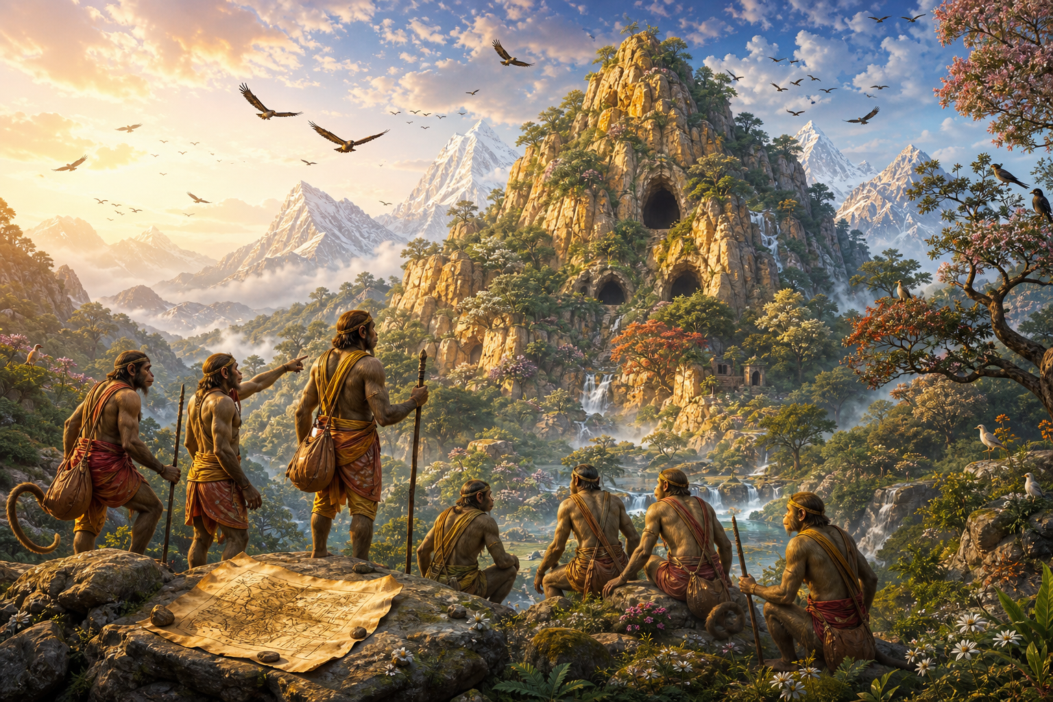 Vanara scouts survey Devasakha, a sacred Himalayan mountain waypoint in a Ramayana-inspired dawn landscape.