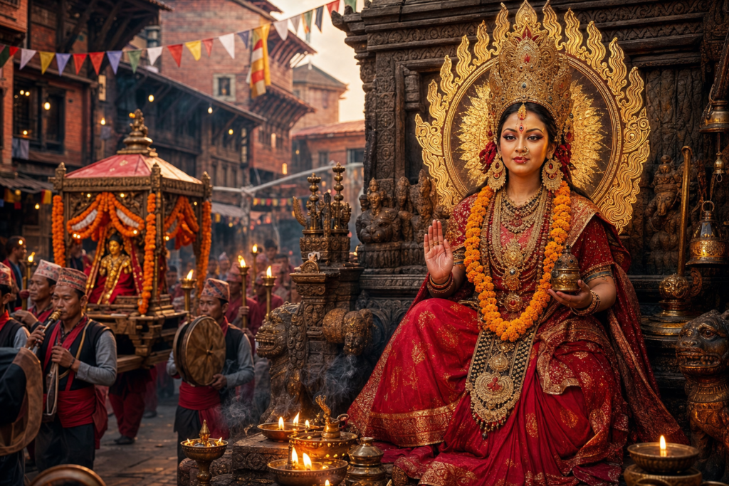 Kanga Ajima, a Newar mother goddess, seated by a Kathmandu shrine during a festival procession