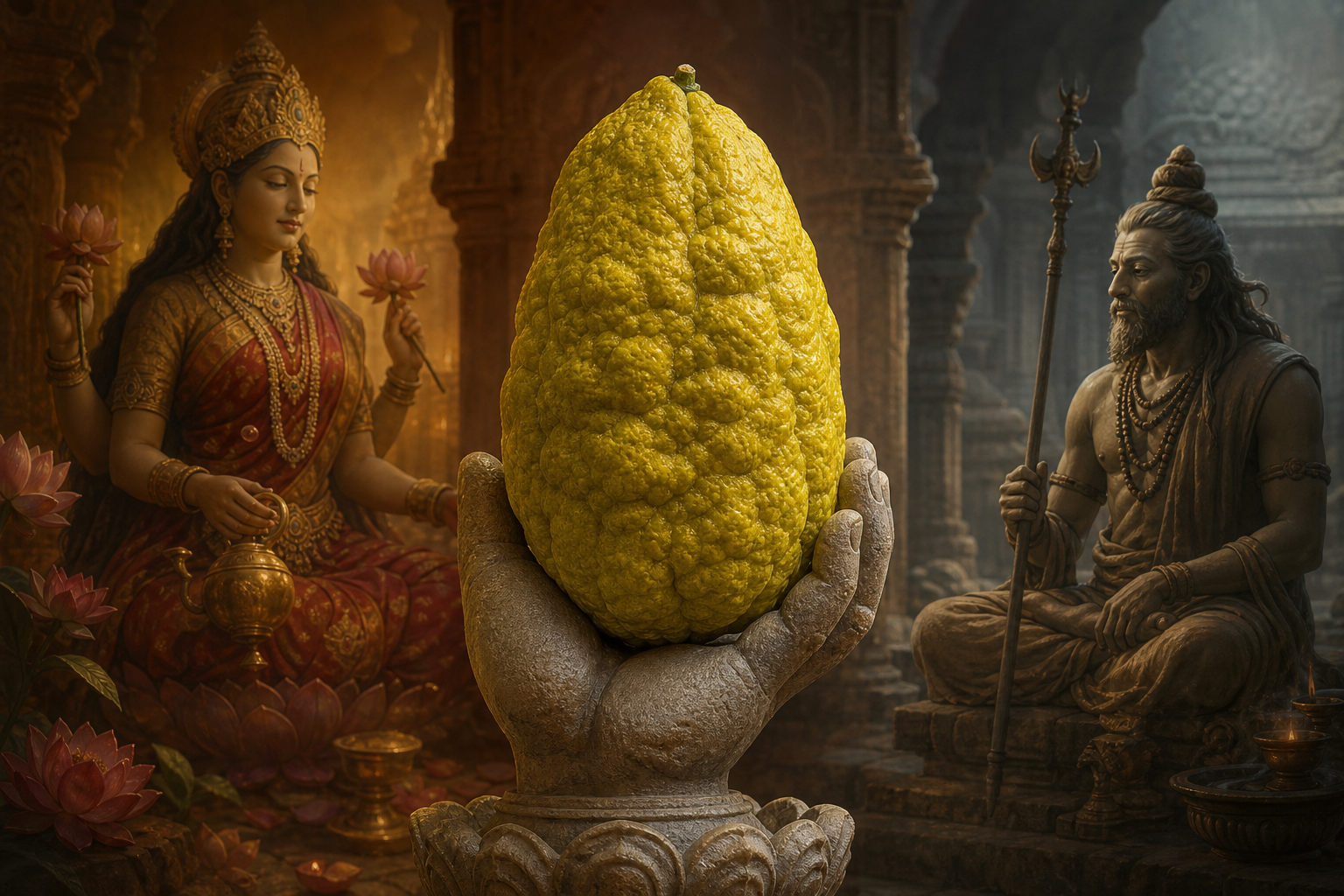 A knobbled citron held in a stone hand stands between the silhouettes of an adorned Hindu goddess and a seated Shaiva ascetic teacher.