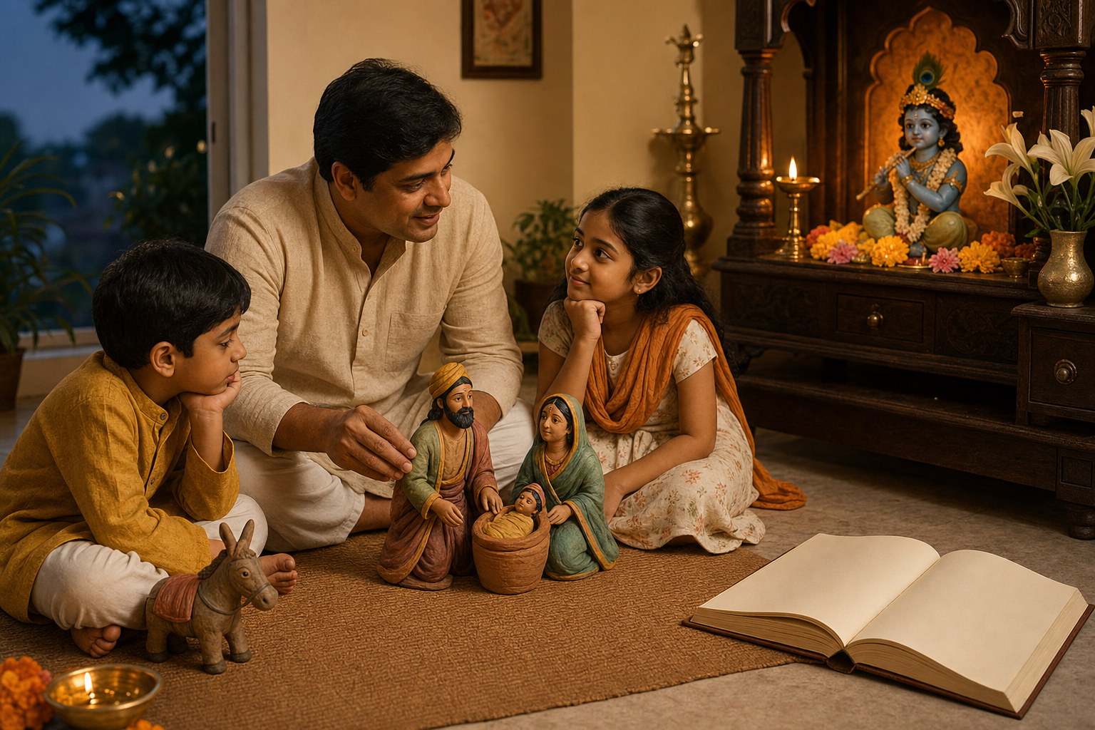 A parent uses clay figures to tell children the story of Krishna's birth, with a donkey figure set apart from the central scene.