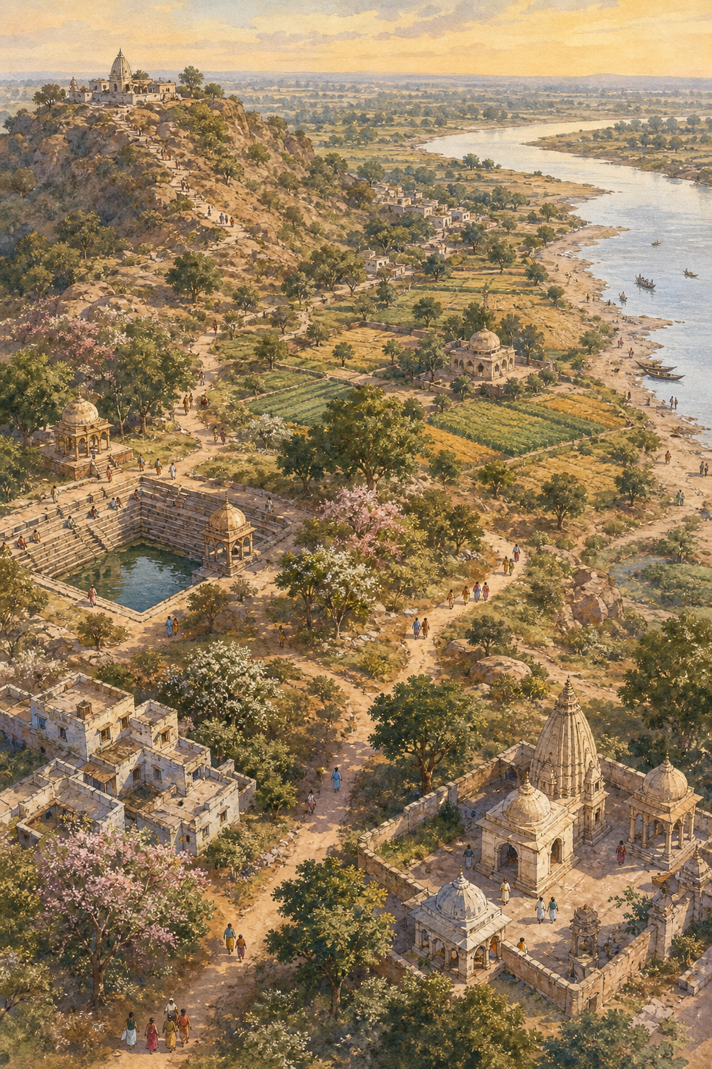 An illustrated Braj landscape shows footpaths connecting a hill, pond, riverbank, groves, fields, villages and temple courtyards.