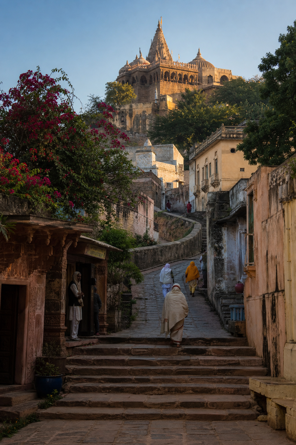 Stone steps climb through the ochre and cream houses of Barsana toward a temple complex on the hilltop.
