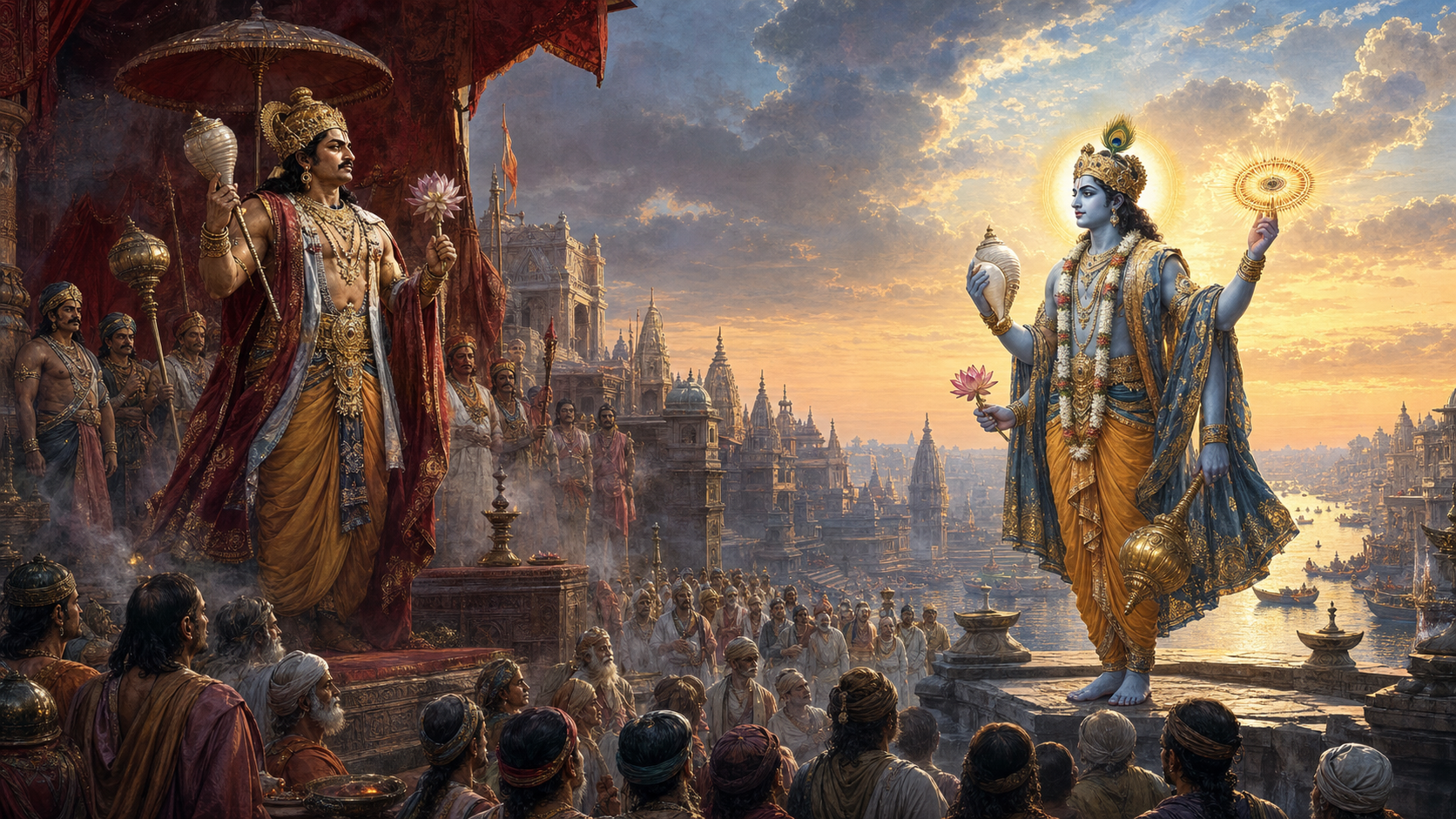 Paundraka displays imitation divine emblems from a terrace in ancient Kashi while Krishna stands opposite with the radiant Sudarshana chakra and citizens gather below.
