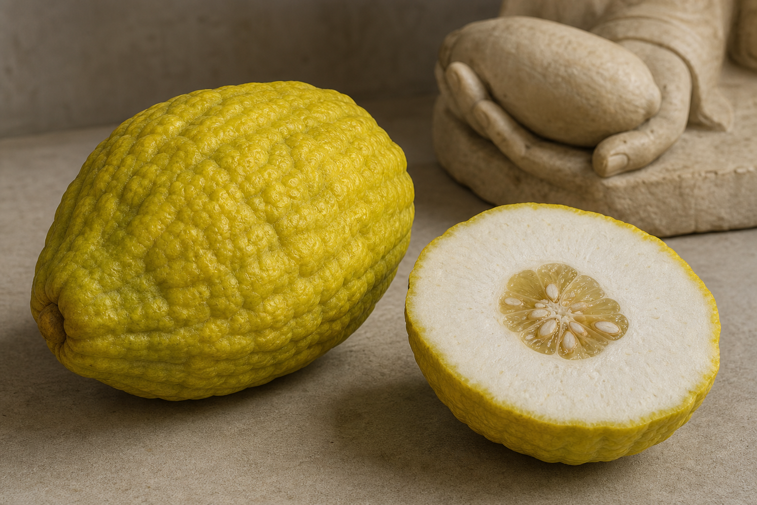 A whole knobbled citron and a cut half with thick white pith sit beside a stone carving of a hand holding the same fruit.