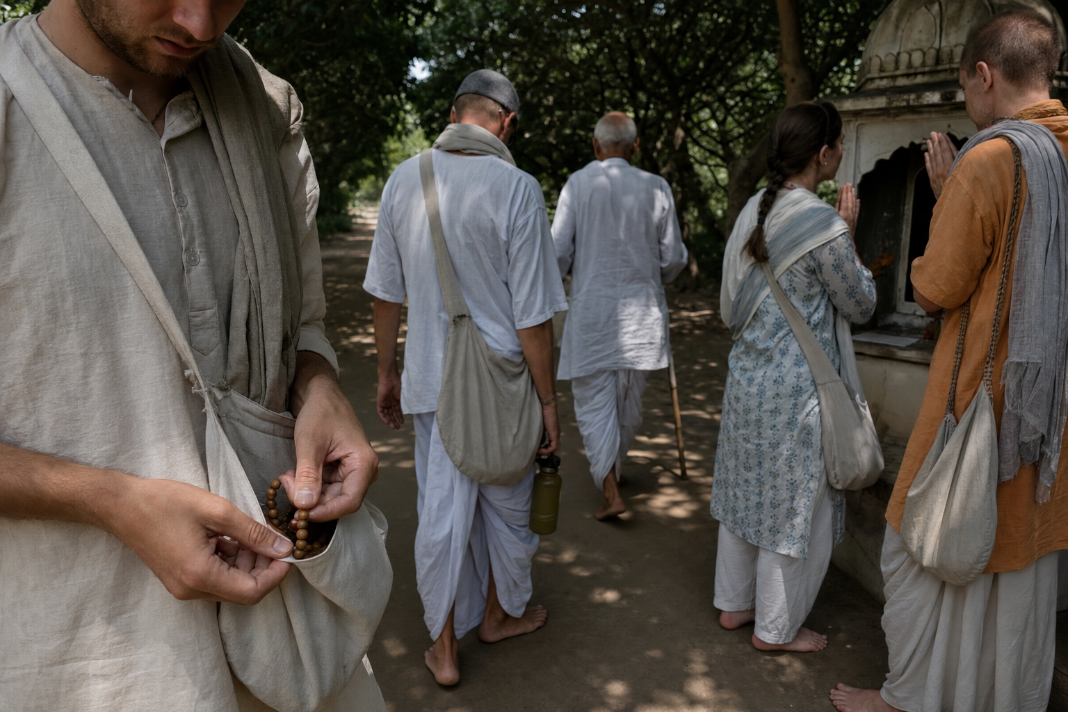 Pilgrims walk together on a shaded path while carrying prayer beads and water and pausing respectfully beside a small shrine.