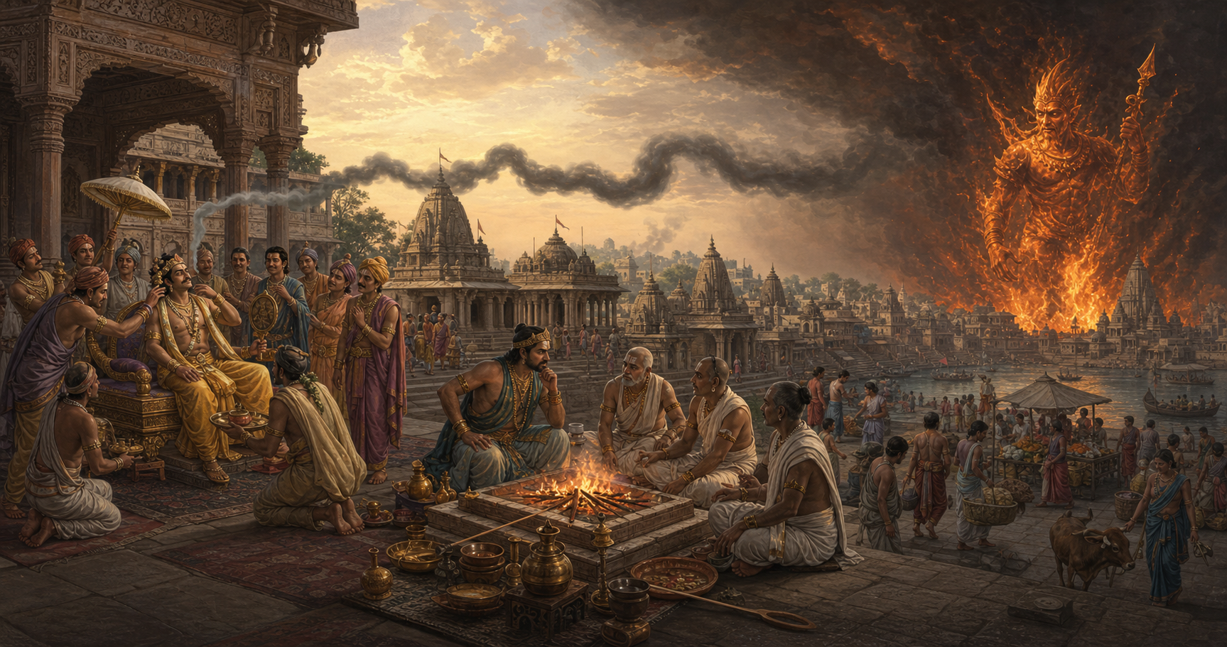 Courtiers flatter Paundraka, a king consults priests at a fire altar, and a destructive form begins to rise while residents of Kashi continue their daily lives nearby.