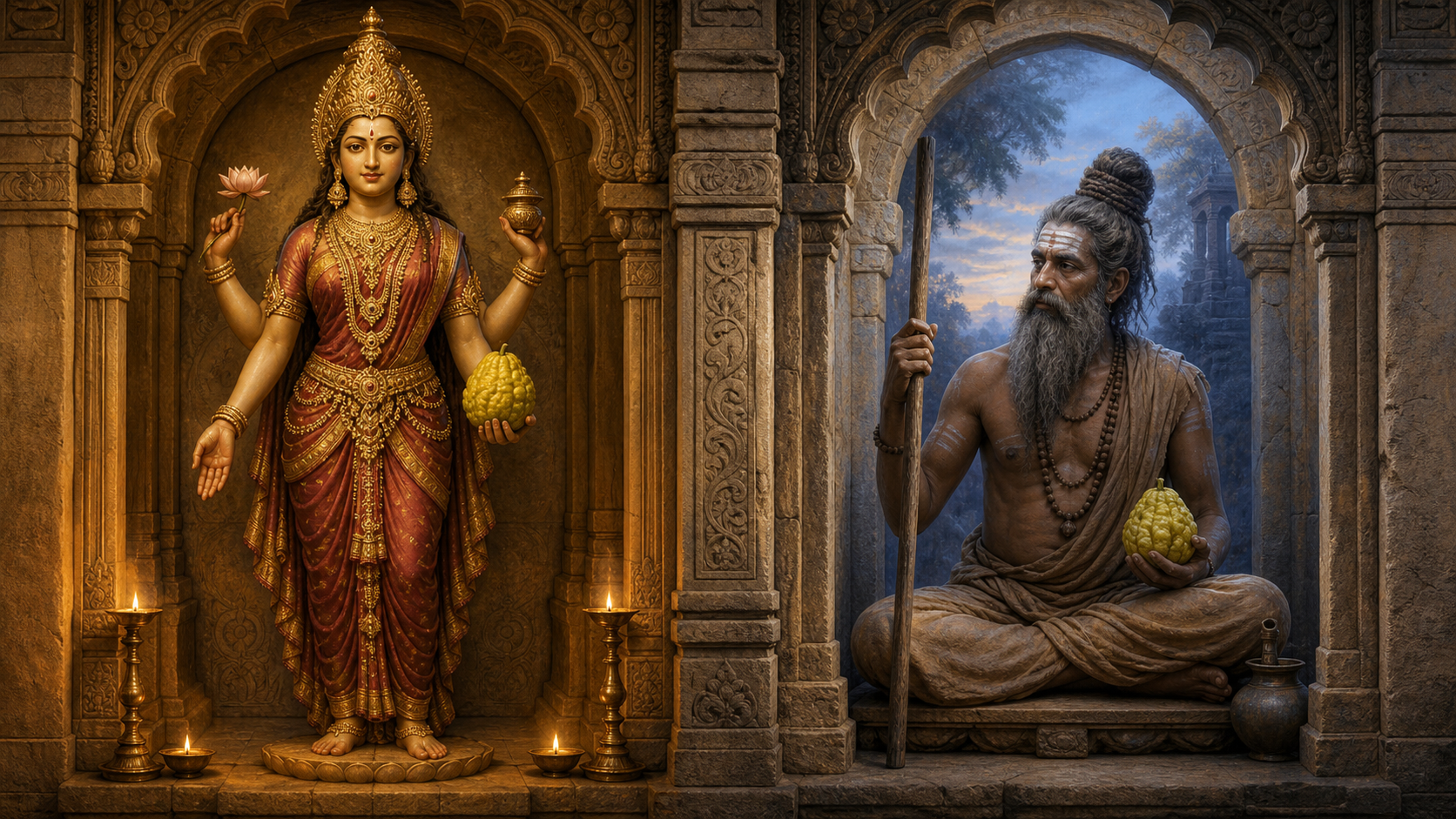 Two separate temple niches show an adorned Hindu goddess and a seated Shaiva teacher, each holding a knobbled citron.