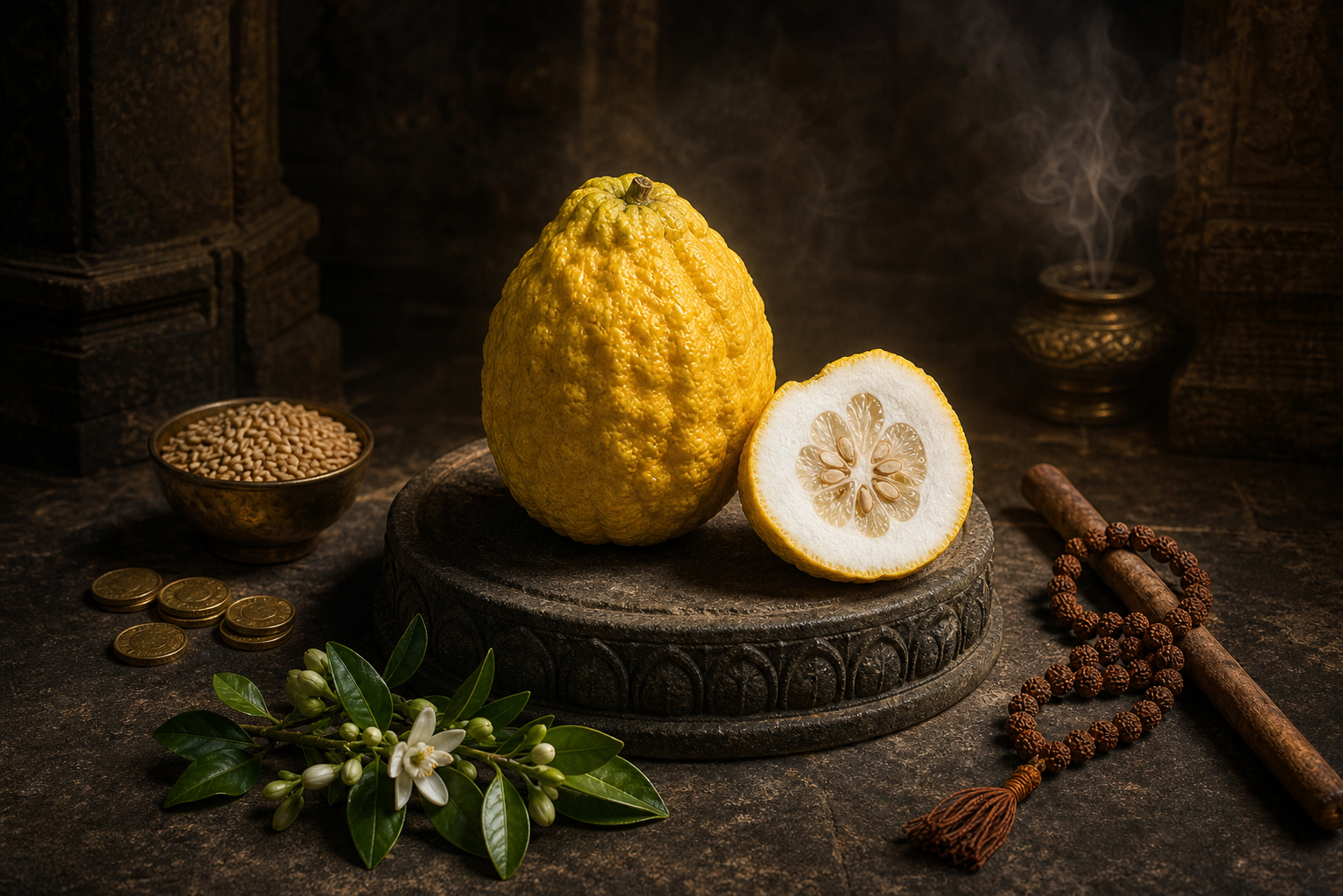 A ripe citron with thick pith and seeds is surrounded by grain, coins, a flowering branch, an ascetic staff, and prayer beads.