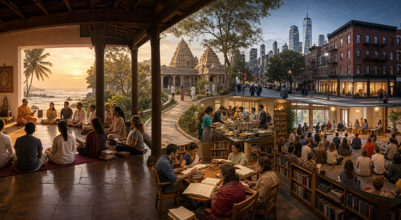 A teaching hall in South India and an urban spiritual center in New York are connected by scenes of study, yoga, food service and public organization.