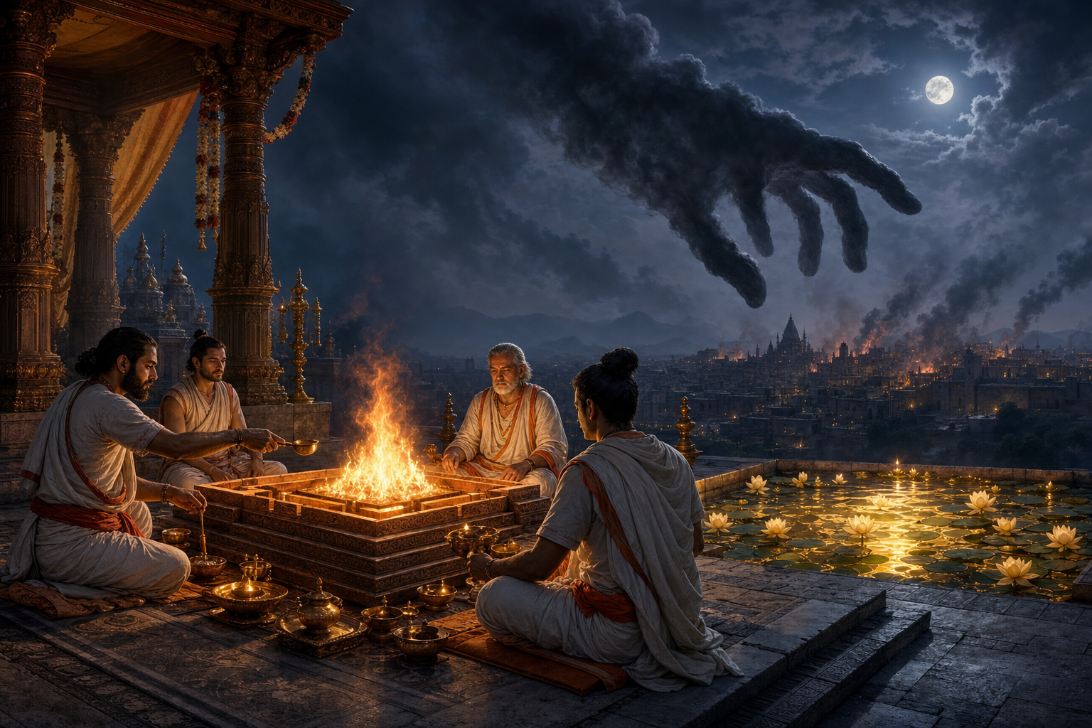Ritual practitioners tend an orderly fire altar as its smoke forms a threatening hand over a distant city, while a clear lotus pool reflects golden light nearby.