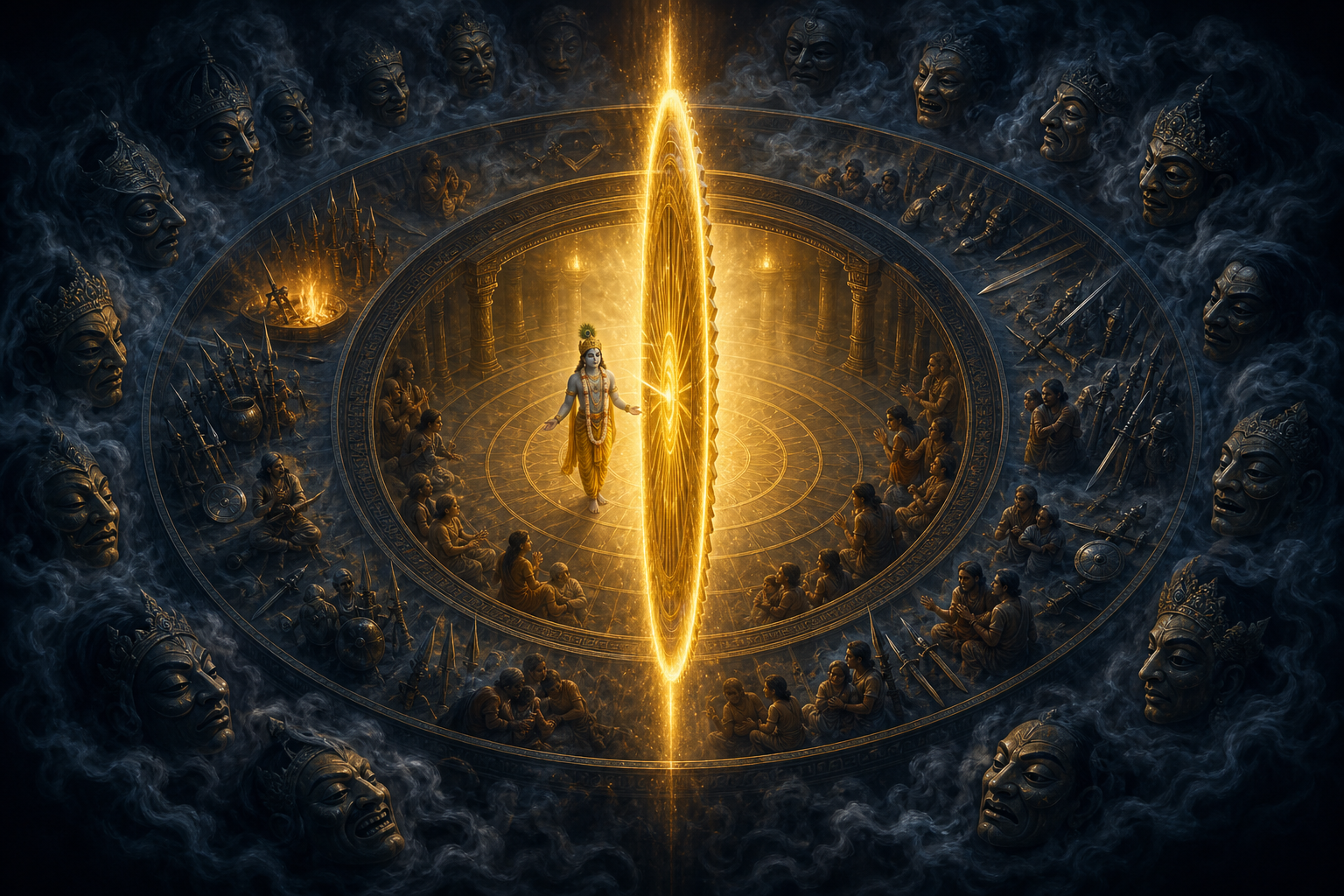 A radiant Sudarshana chakra illuminates layers of smoke, revealing masks, weapons, ritual fire, civilians, and a calm figure of Krishna at the clear center.