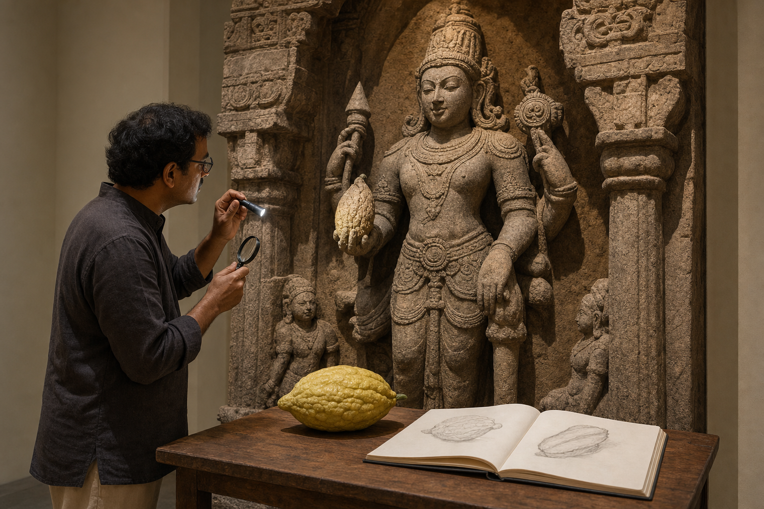 An art historian compares the fruit held by a stone deity sculpture with a real citron on a nearby study table.