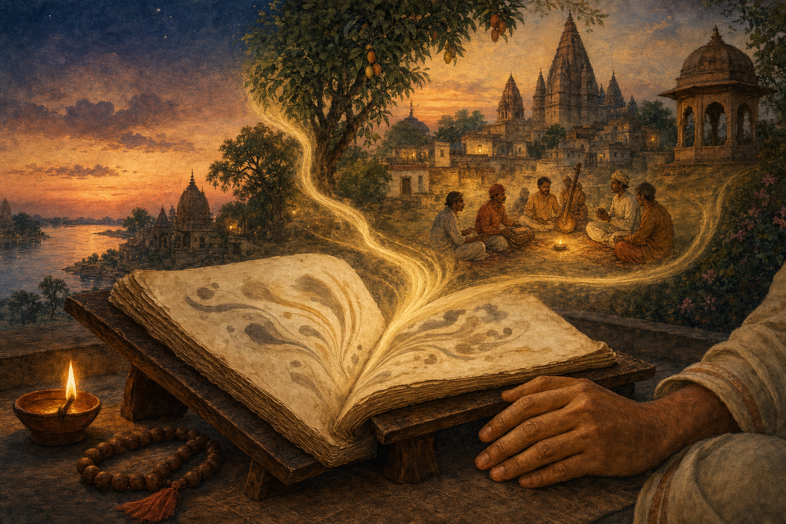 An open manuscript, oil lamp, and prayer beads before an Awadh landscape where a small group sings near a river and temple spires.