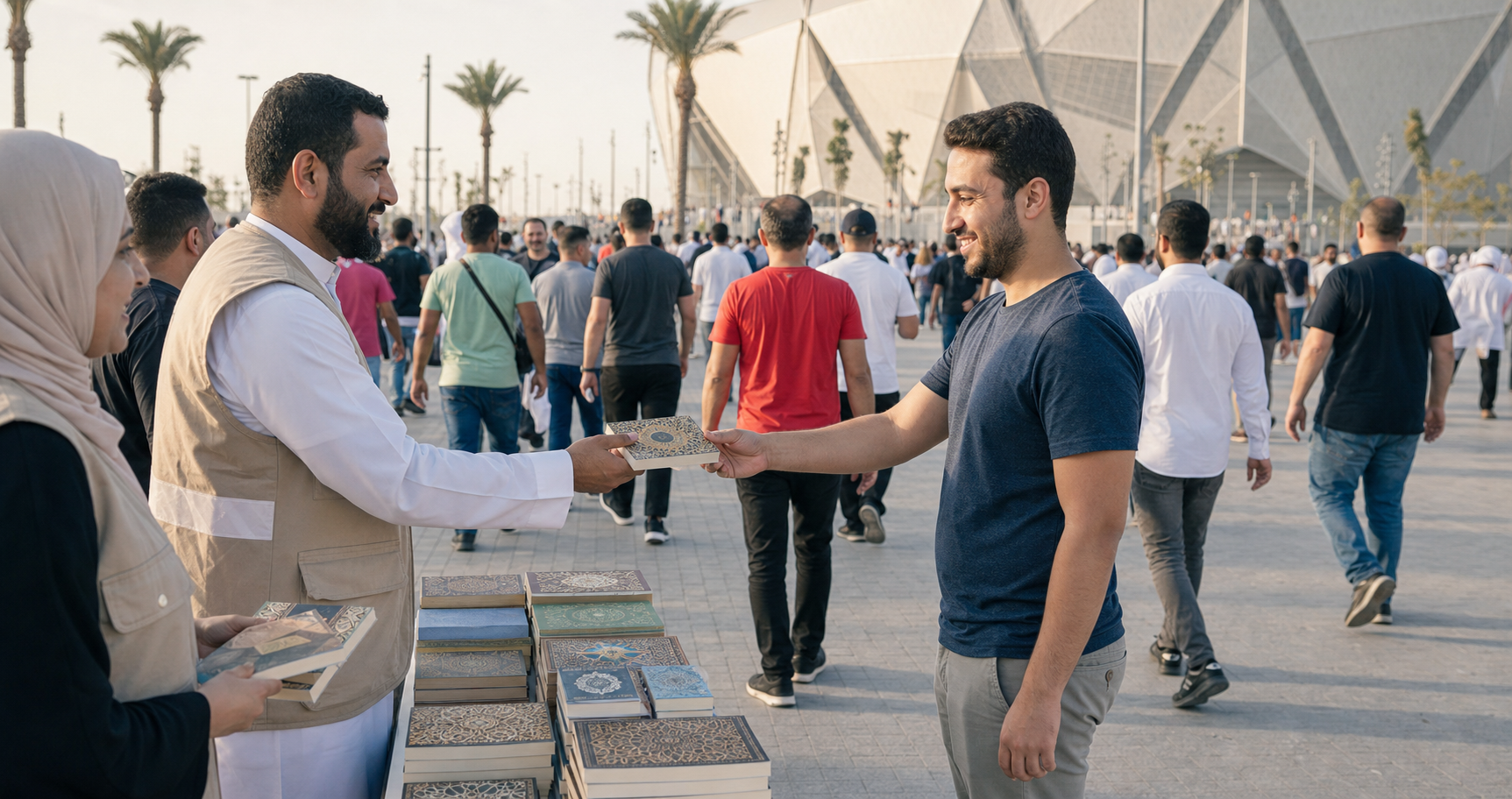 Volunteers offer small books to visitors in a busy pedestrian plaza near an unbranded football stadium.