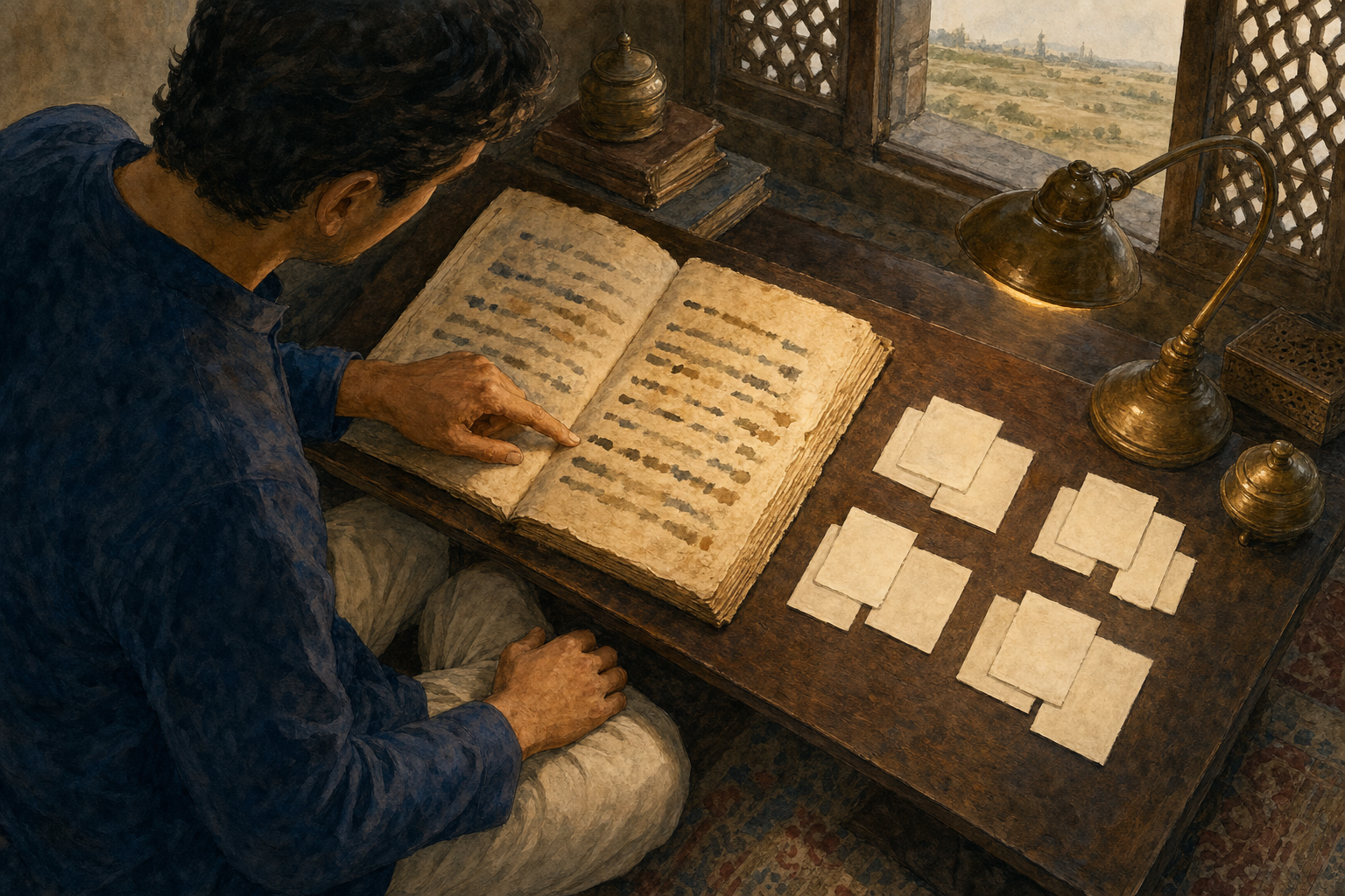 A reader points to a line on an aged manuscript while blank note slips, a brass lamp, and reading tools lie on a low desk.
