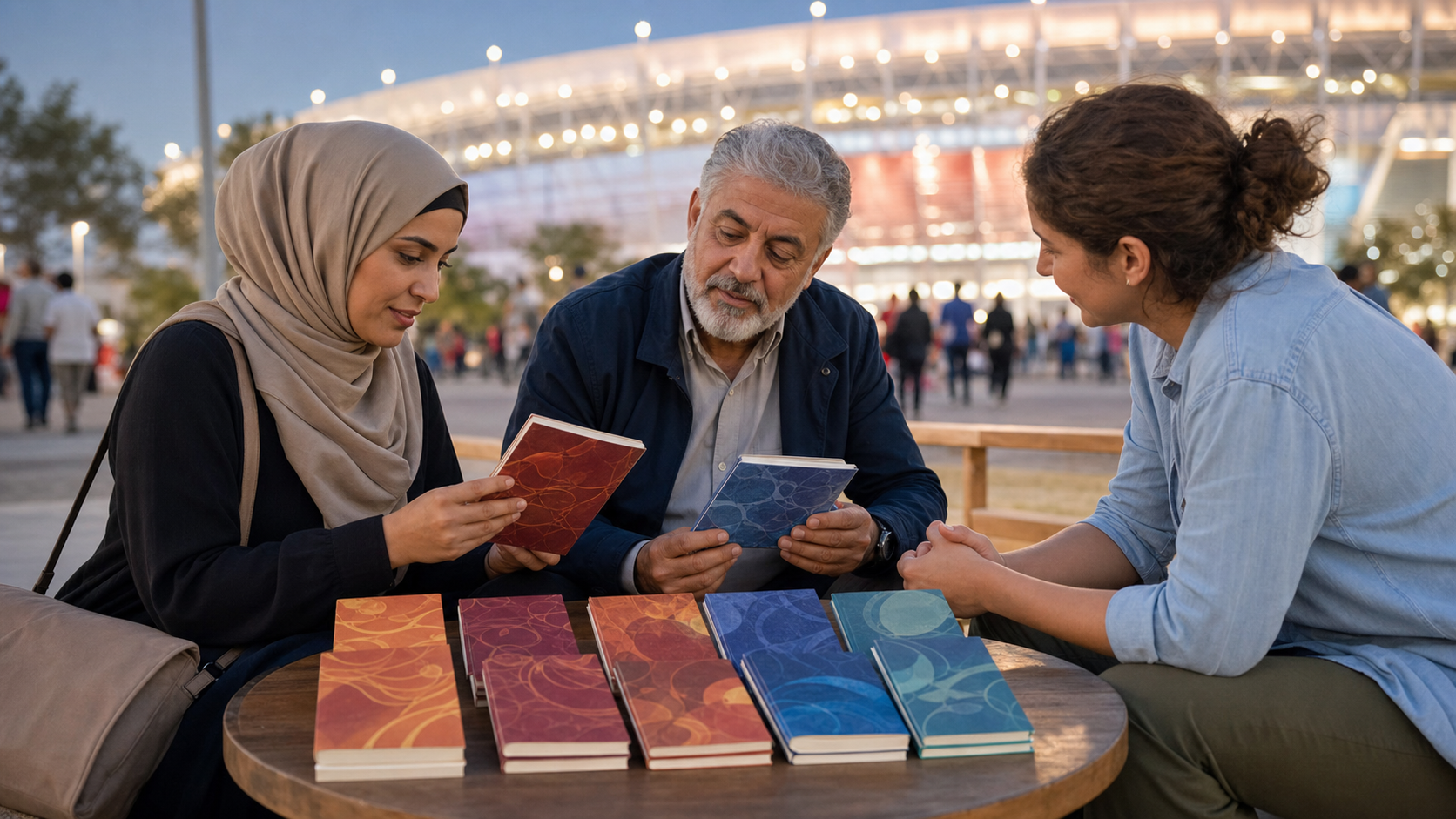 Two visitors examine different editions of small books while a volunteer listens at a community table near a football venue.