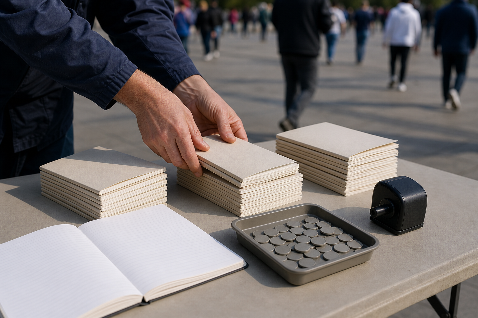 A volunteer sorts small books into bundles beside a handheld counter, counting tokens, and an unmarked notebook.