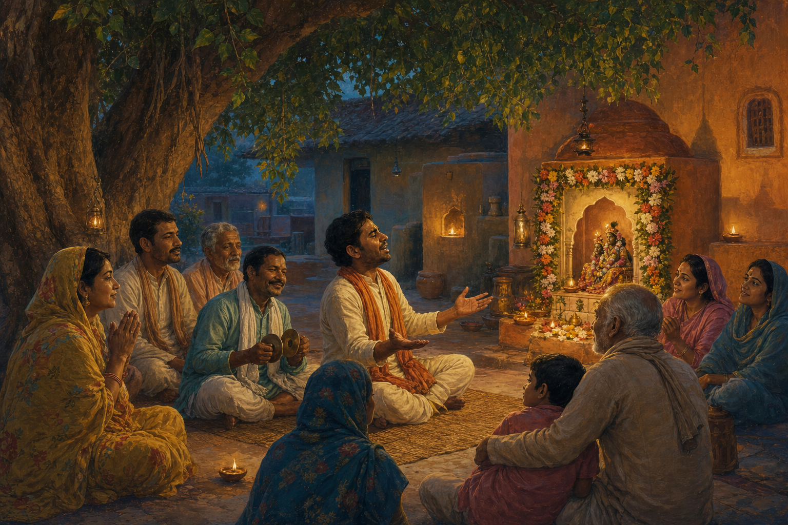 A devotional singer addresses a small flowered shrine as villagers listen beneath a peepal tree in an evening courtyard.